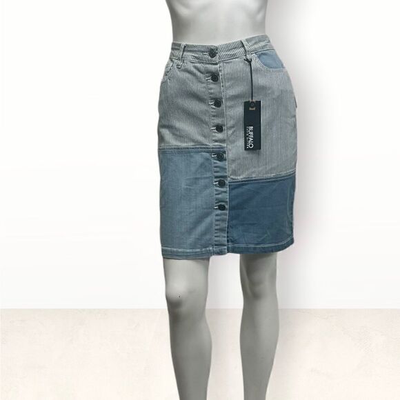 Buffalo Mixed  Print Patchwork Denim Vertical Striped‎  70s Look Skirt Sz 4 NWT - Picture 4 of 7